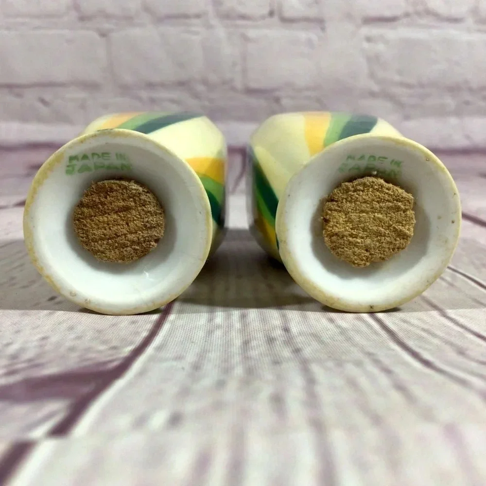 Vintage Hand Painted Stripes Ceramic Salt and Pepper Shaker Pair - Japan